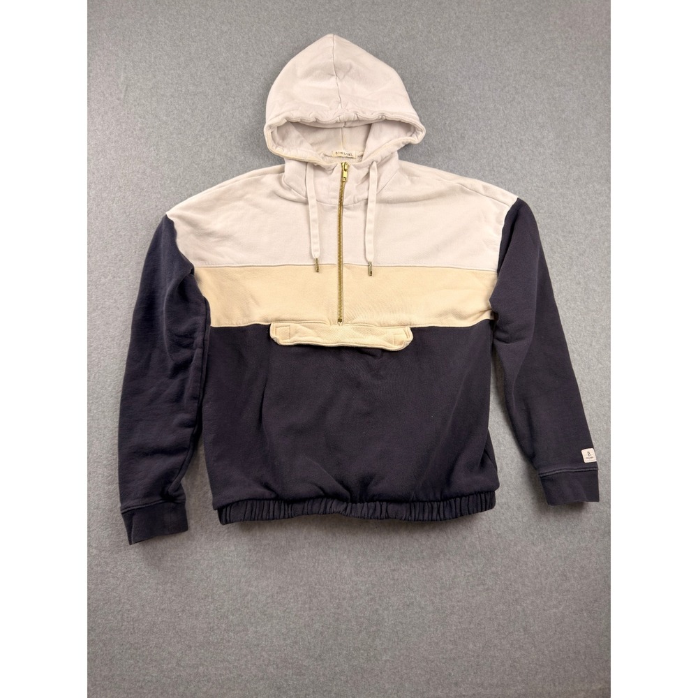 B THE LABEL Womens Colorblock Half Zip Hoodie Navy Cream Tan Cotton Size M